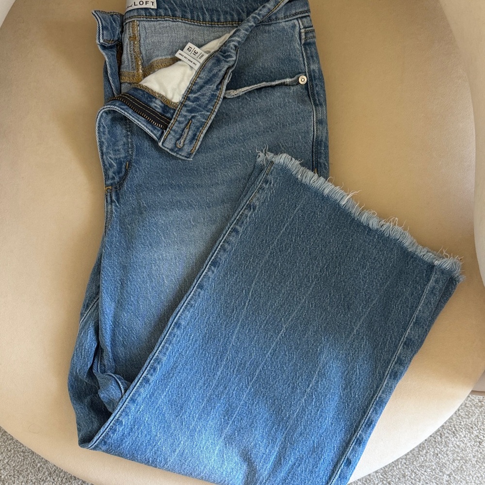LOFT Wide Leg Crop Frayed Hem Ankle Jeans in Medium Blue